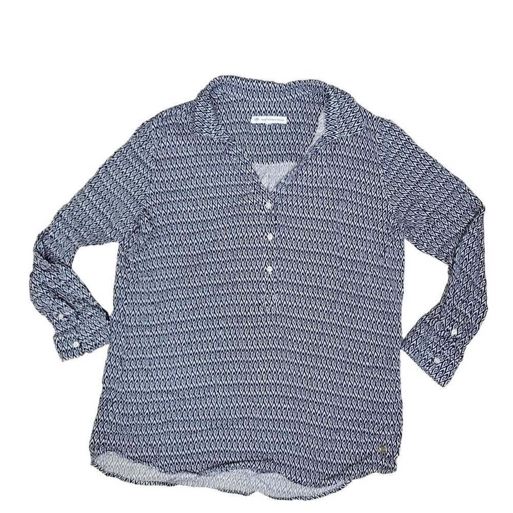 Southern Tide Women's Button-Up Shirt - Blue & White Geometric Print Soft & Bree